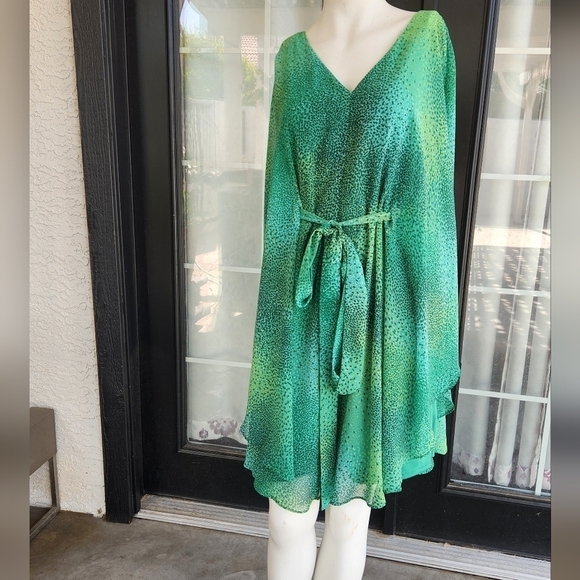 HALSTON Green Speckled Print kaftan style mini dress. Can tie at the front - Picture 5 of 9